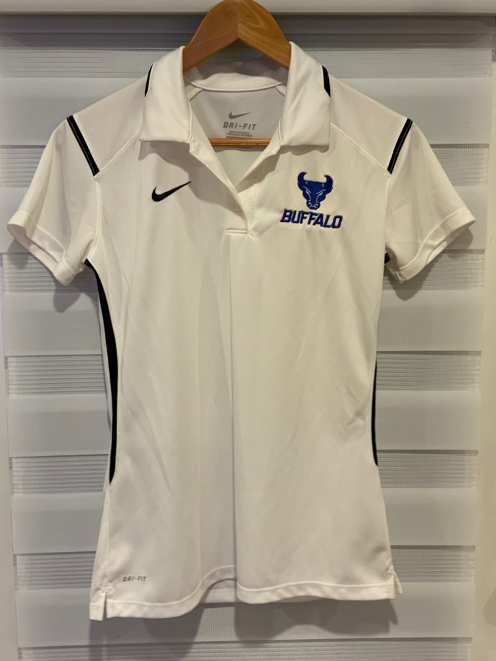 Nike White Polo with Black Accents and Blue Buffalo Logo